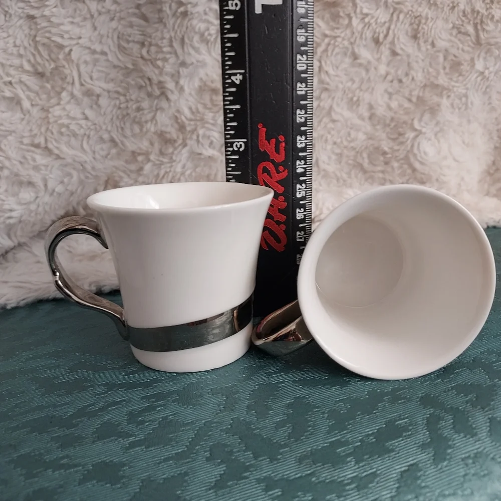 Coffee Me Elegant White and Silver Demitasse Espresso Cups (2) Java